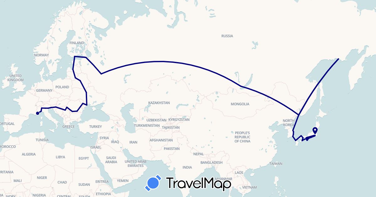 TravelMap itinerary: driving in Belarus, Estonia, Finland, France, Croatia, Italy, Japan, South Korea, Lithuania, Latvia, Moldova, Romania, Serbia, Russia, Ukraine (Asia, Europe)